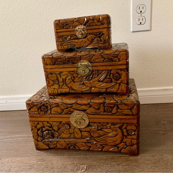 vintage hand carved wooden trinket box’s Of 3